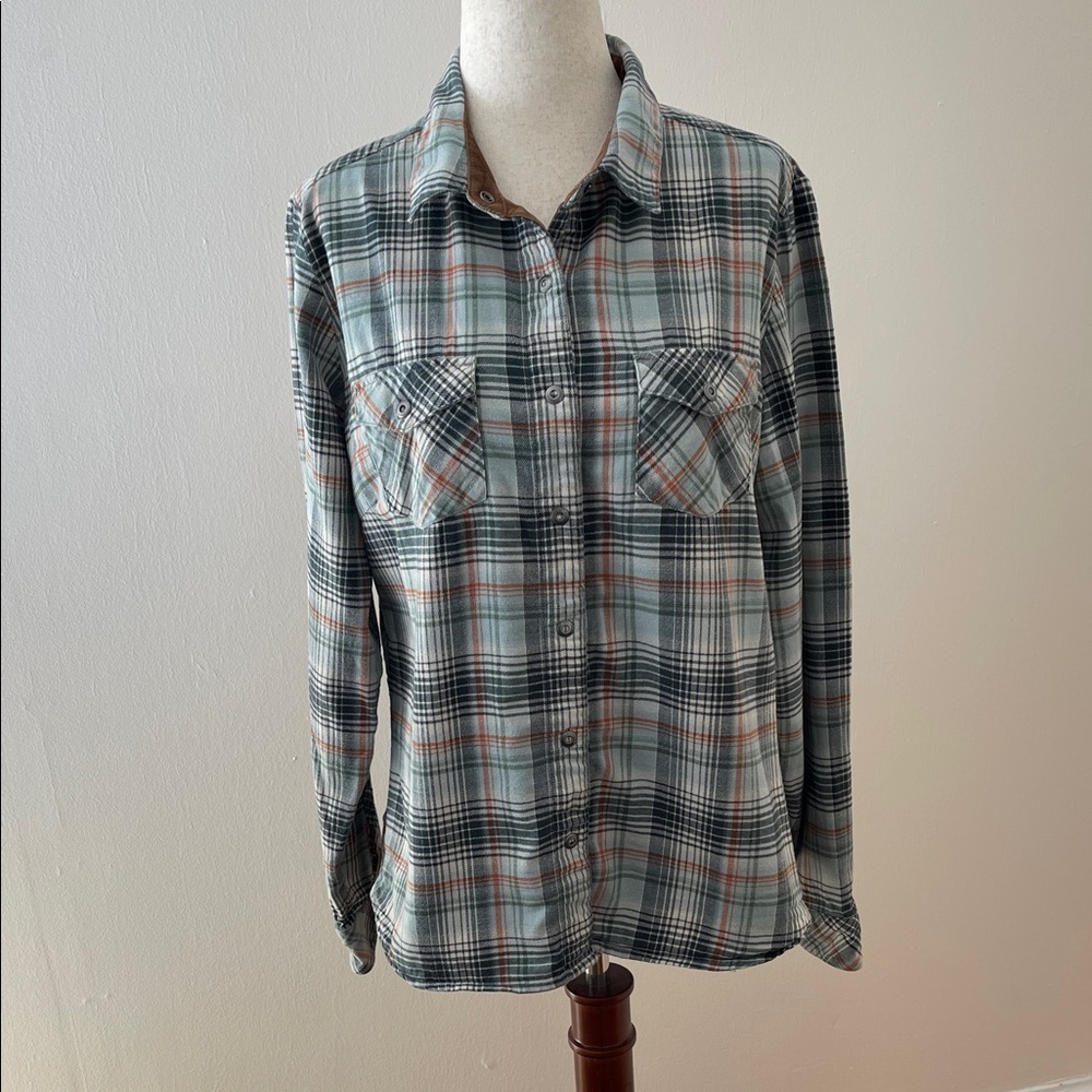 KUHL Plaid Flannel Shirt M Green Orange Cotton Stretch Outdoor